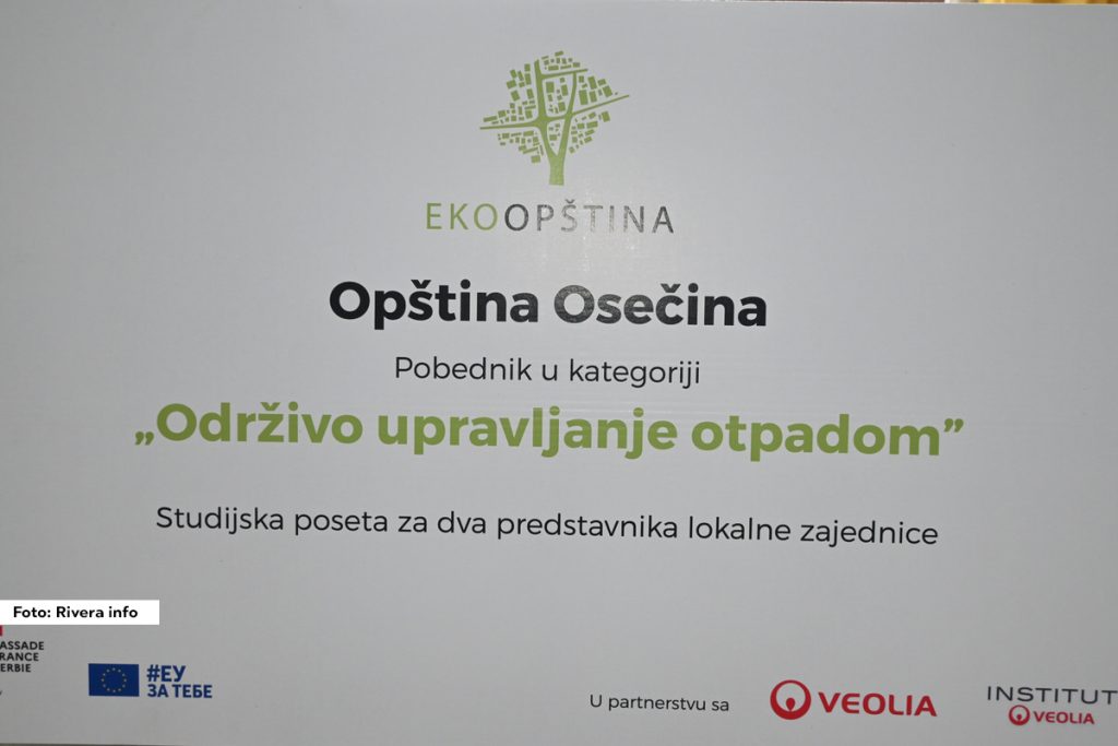 Danas su u ambasadi Francuske u Beogradu dodeljene nagrade pobednicima konkursa „Ekoopština“. Među ovogodišnjim laureatima nalazi se i opština Osečina, koja je odnela pobedu u kategoriji održivo upravljanje otpadom.