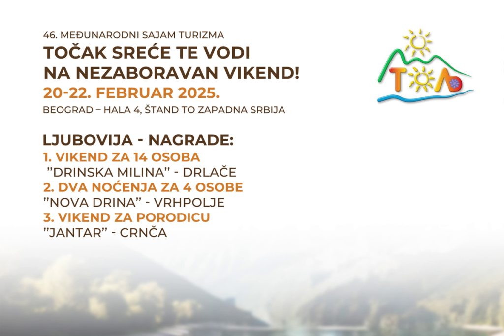 U sredu je počeo 46. Međunarodni sajam turizma u Beogradu pod sloganom “Jedna karta, bezbroj svetova”. Među više od 400 domaćih i stranih izlagača na sajmu će turističku ponudu predstaviti i opština Ljubovija. Ove godine Turistička organizacija opštine Ljubovija nastupiće na zajedničkom štandu regije Zapadne Srbije.